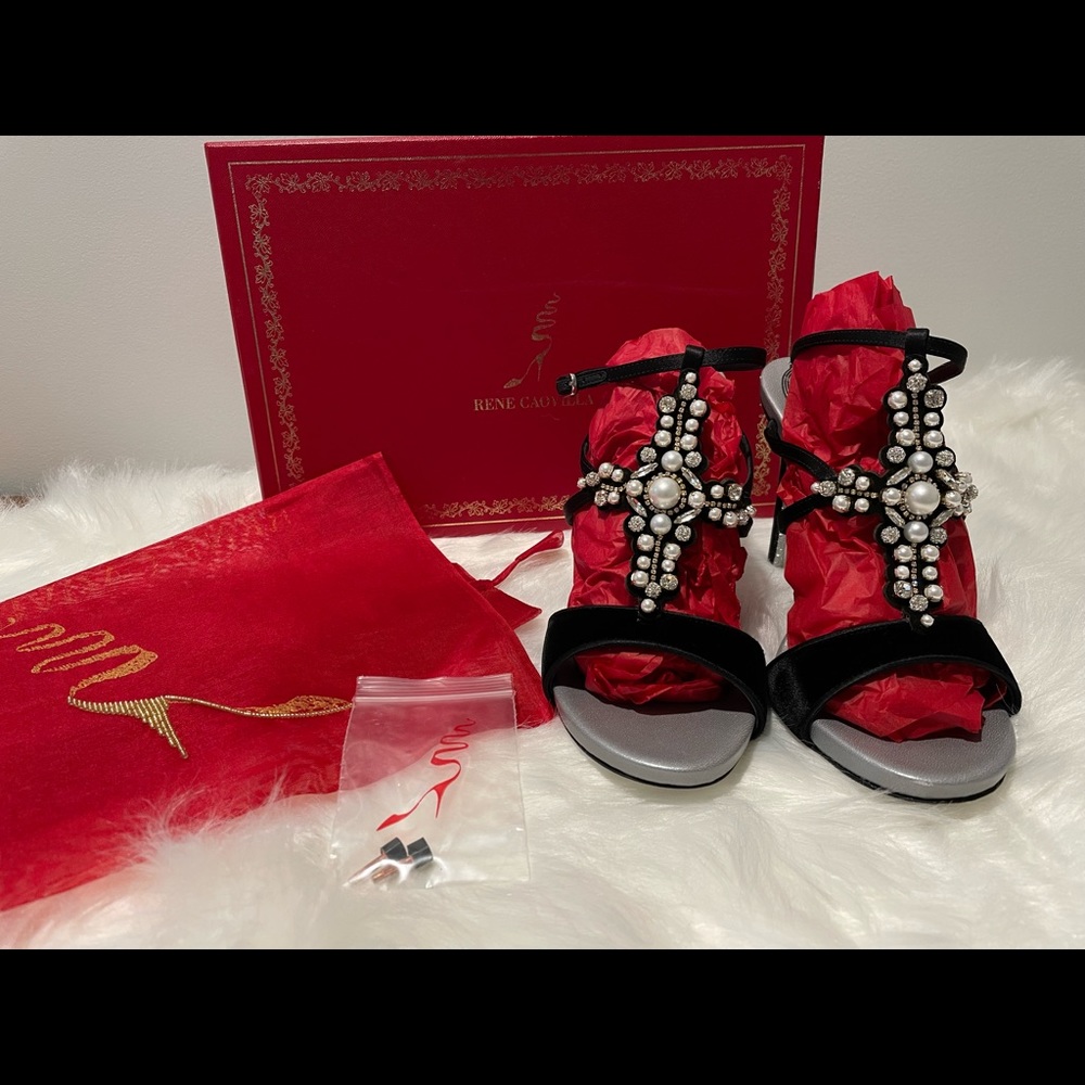 Rene Caovilla Black Velvet/Satin heels with jewels and pearls 37 1/2